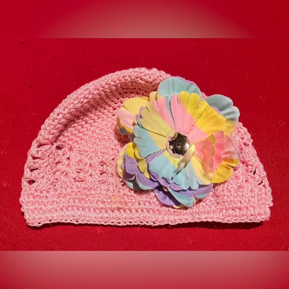 Pink Crochet Kids Hat with Multicolor Flower